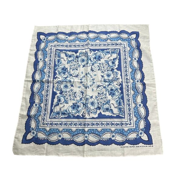American Vintage Accessories - American Vintage Square Cotton Blend Scarf- White and Blue florals western